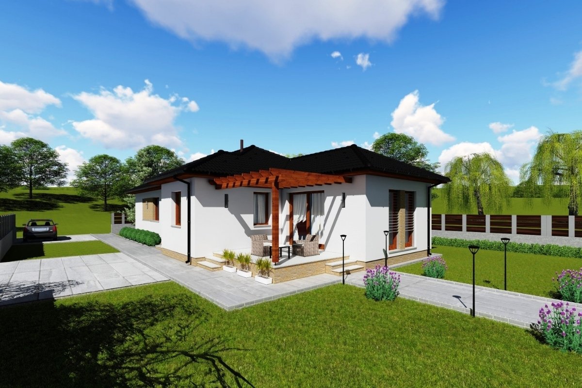 Modernhome típusház teljes külső látványképe fedett terasszal és rendezett kerttel