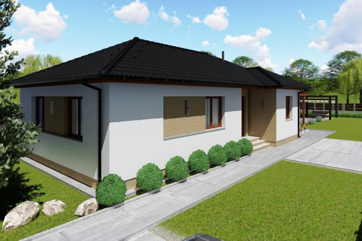 Modernhome típusház oldalnézeti látványképe rendezett kerttel és modern homlokzattal
