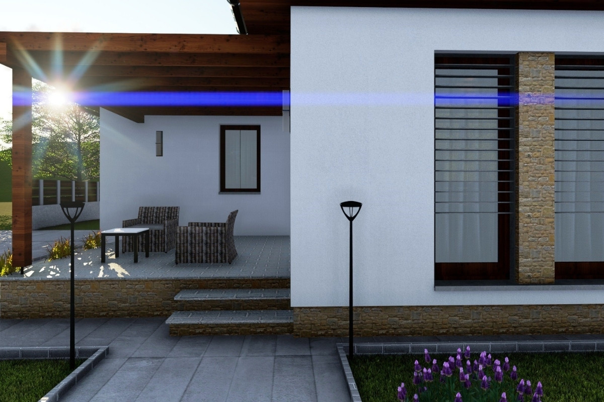 Modernhome típusház teraszának és homlokzatának részlete fa szerkezettel és kőburkolattal